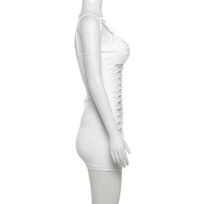U neck body print hollow out cami cut out mini dress