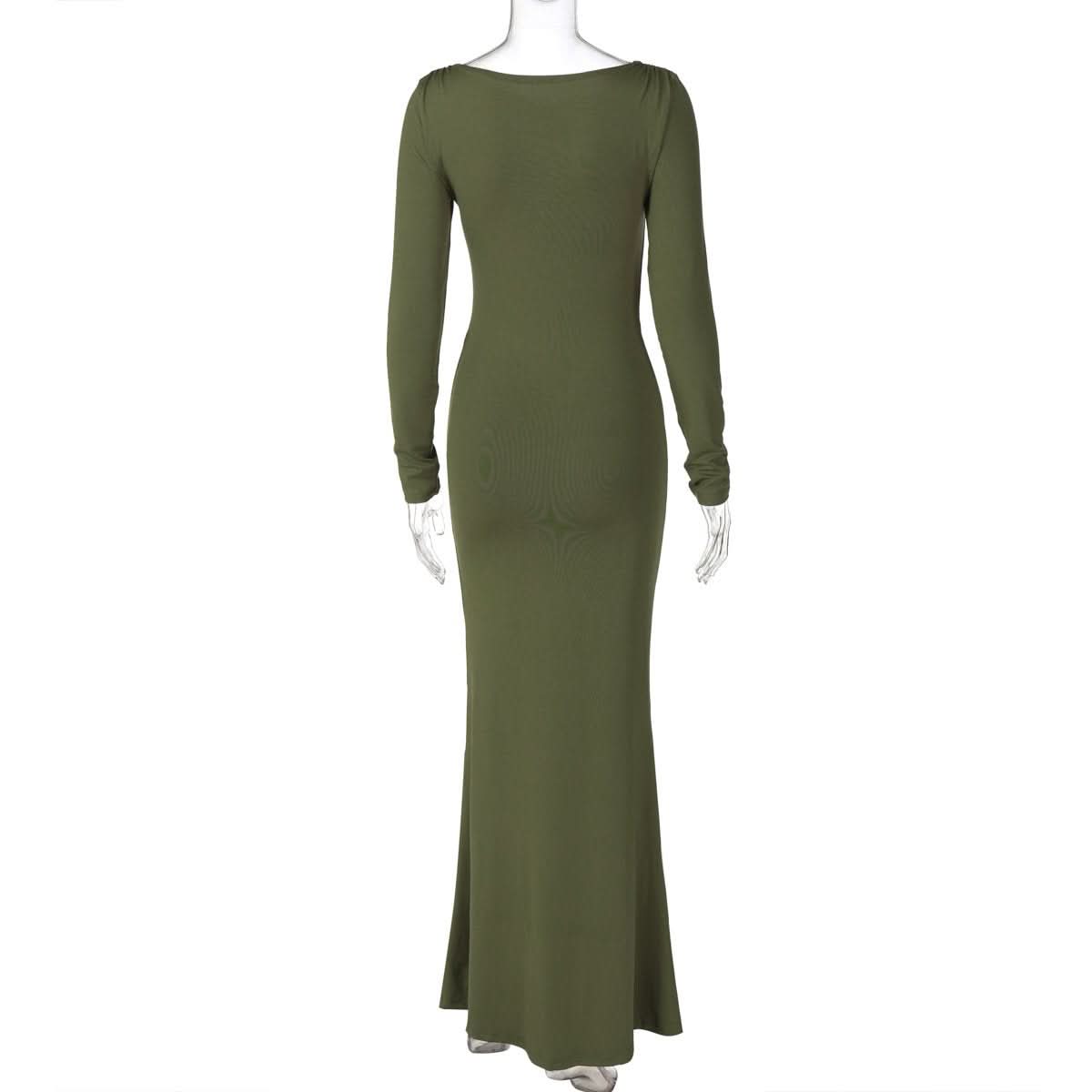 Long sleeve crewneck ruched solid maxi dress