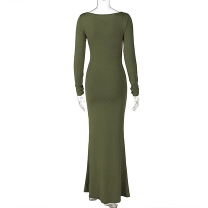 Long sleeve crewneck ruched solid maxi dress