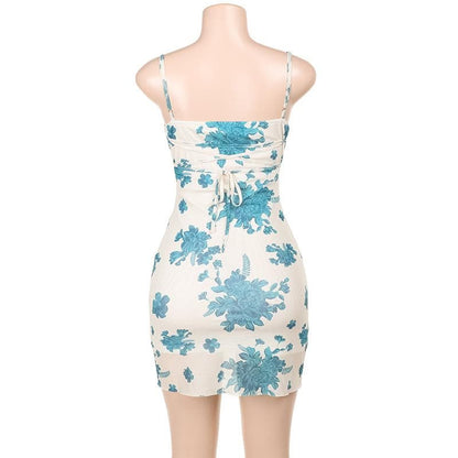 Flower print mesh lace up cami mini dress