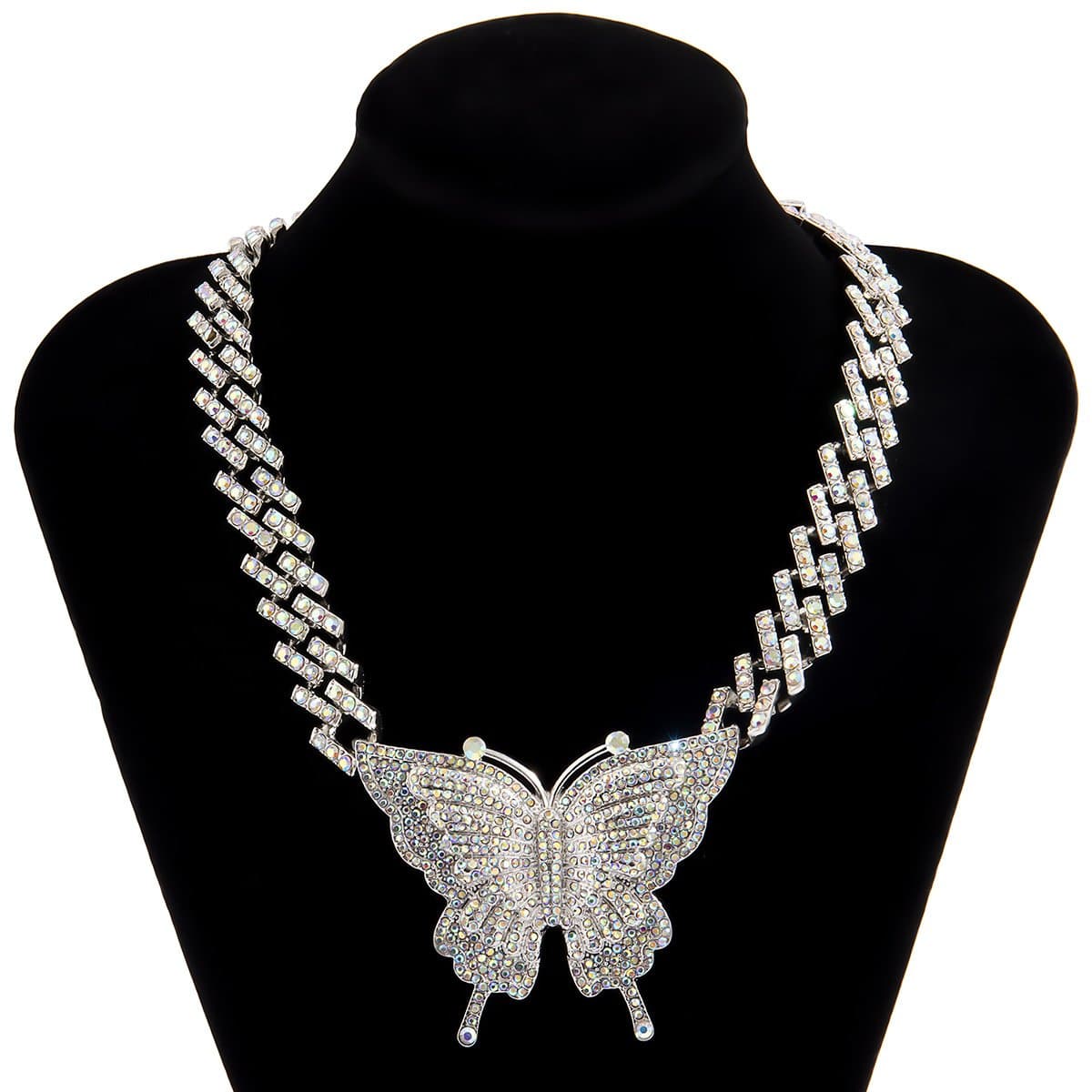 Butterfly pendant rhinestone cuban necklace