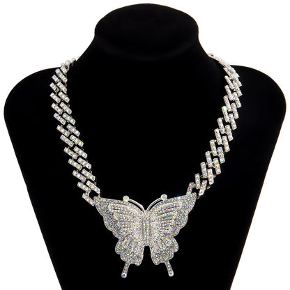 Butterfly pendant rhinestone cuban necklace