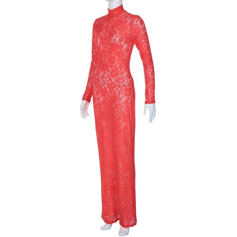 Long sleeve high neck see through lace maxi dress