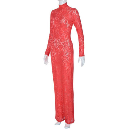 Long sleeve high neck see through lace maxi dress