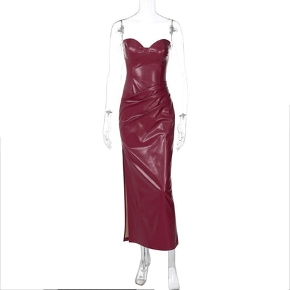 Slit zip-up PU leather pleated tube midi dress
