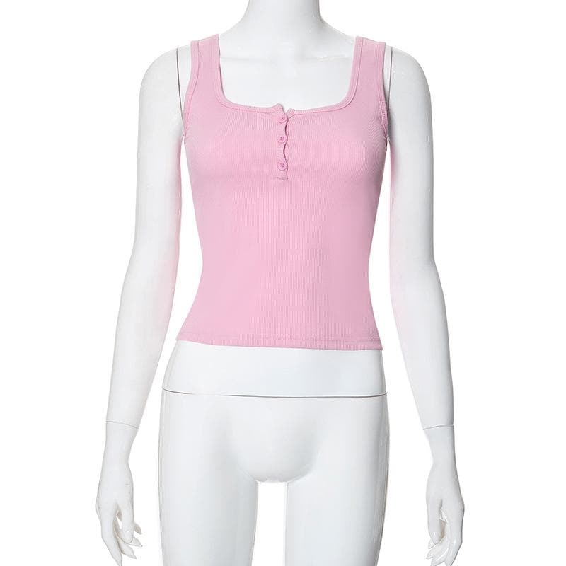 Square neck button ribbed tank top