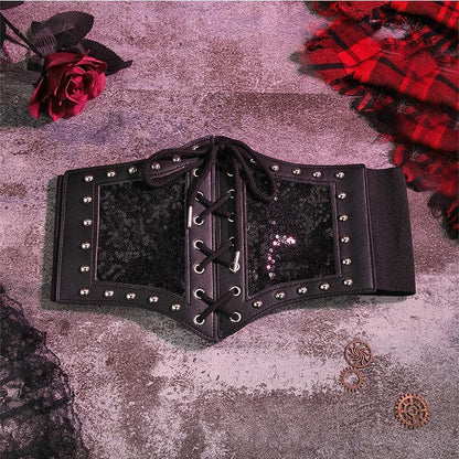 Rivet lace up glitter button corset