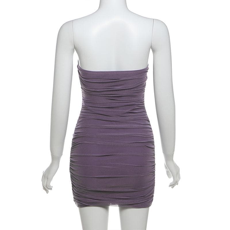 V neck ruched solid mesh tube mini dress
