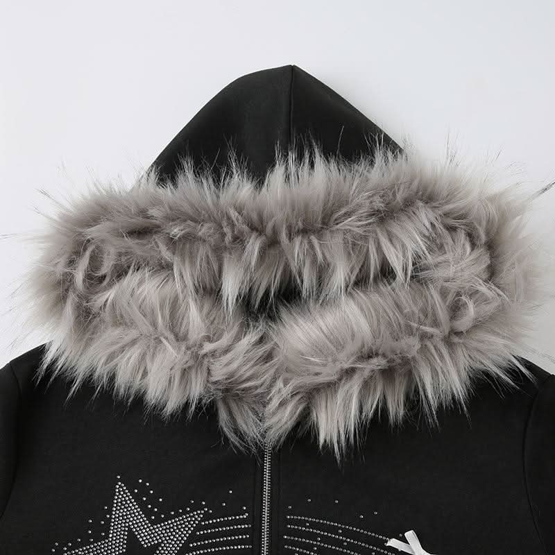 Zip-up beaded fluffy hoodie bowknot long sleeve top