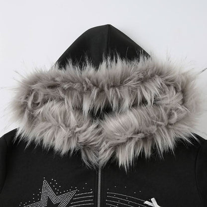 Zip-up beaded fluffy hoodie bowknot long sleeve top