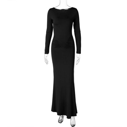 Long sleeve crewneck ruched solid maxi dress