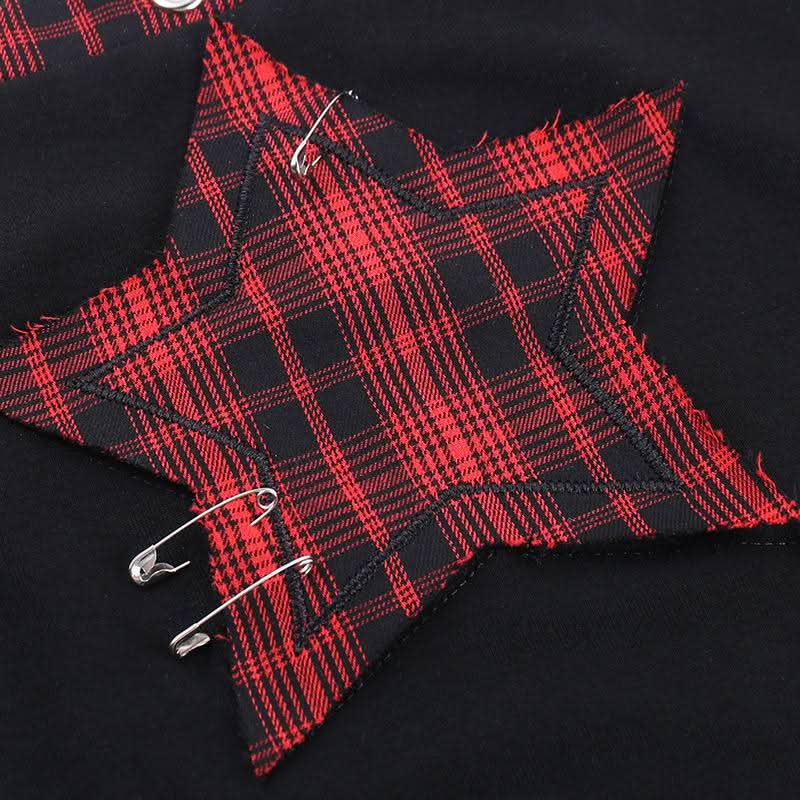 Square neck hollow out star print plaid cami cut out top