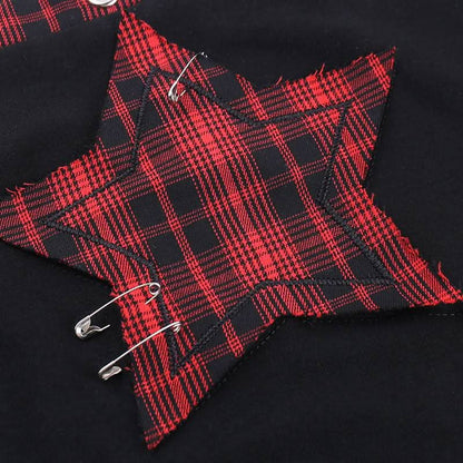Square neck hollow out star print plaid cami cut out top
