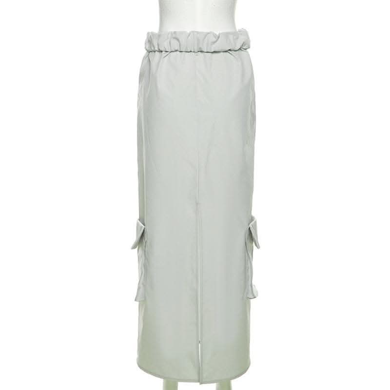 Ruched pocket cargo solid low rise maxi skirt-final-sale