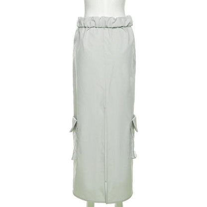 Ruched pocket cargo solid low rise maxi skirt-final-sale