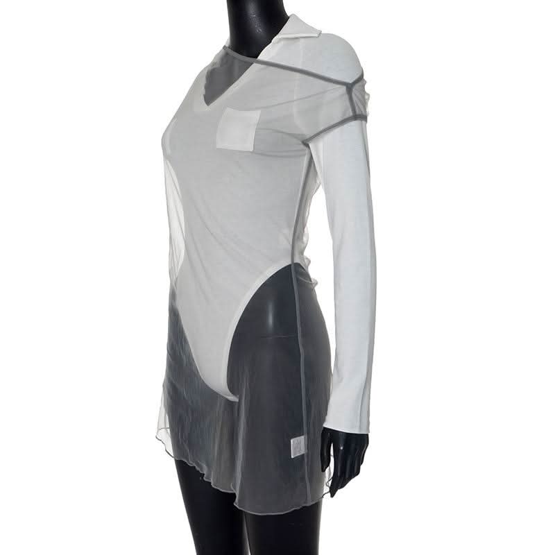 Turnover collar long sleeve mesh 2 piece top