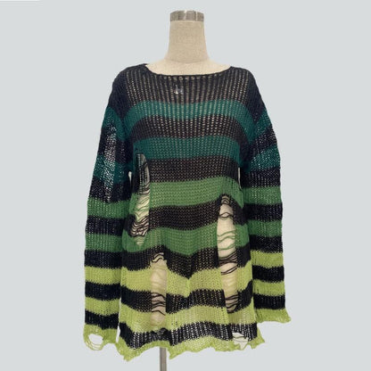 Gradient hollow out contrast striped long sleeve crochet cut out top