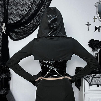 Patchwork metal chain buckle hoodie long sleeve crop top