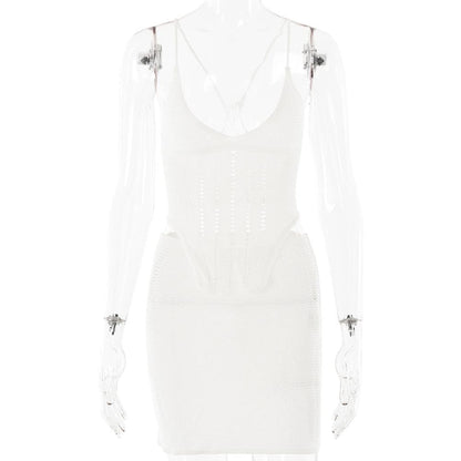 V neck knitted cross back backless cami mini skirt set