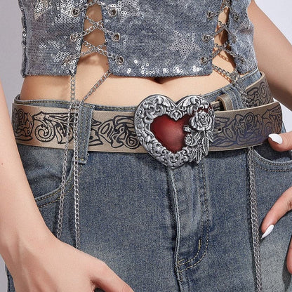Heart print PU leather adjustable belt