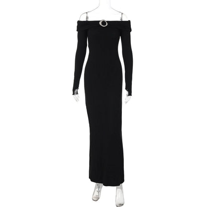 Off shoulder long sleeve slit o ring maxi dress