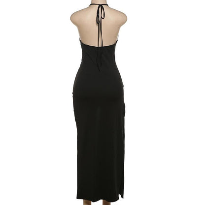 Halter deep v neck high slit patchwork midi dress