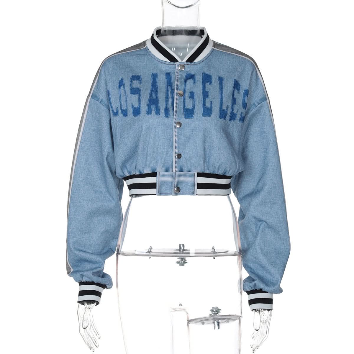 Long sleeve denim letter print patchwork button top