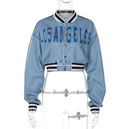 Long sleeve denim letter print patchwork button top