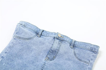 Button zip-up backless denim tube mini dress