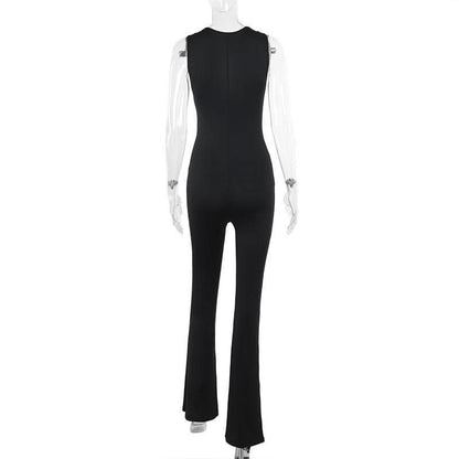 Lace hem deep V neck sleeveless solid jumpsuit
