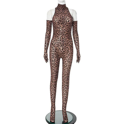 Leopard print high neck gloves zip-up jumpsuit