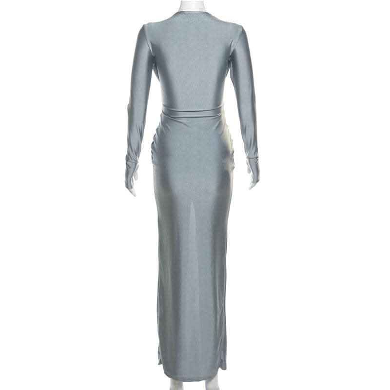 Knotted slit solid long sleeve ruched maxi dress-final-sale