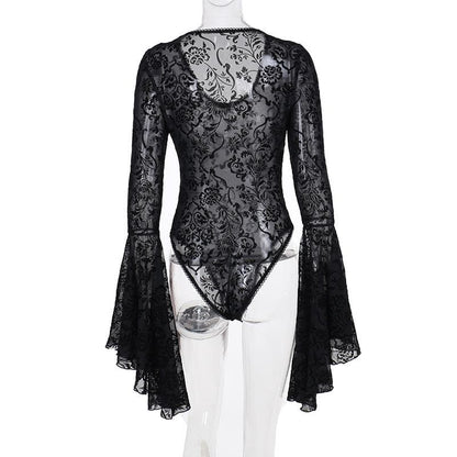 Long flared sleeve ruffle bowknot mesh see through bodysuit