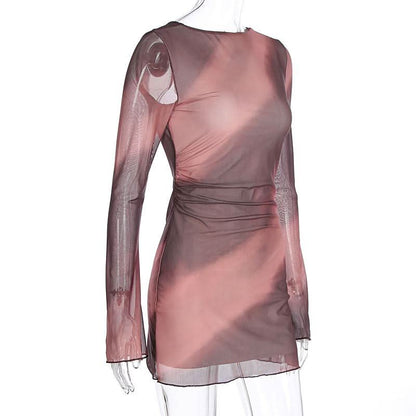 Long sleeve self tie crewneck sheer mesh print mini dress