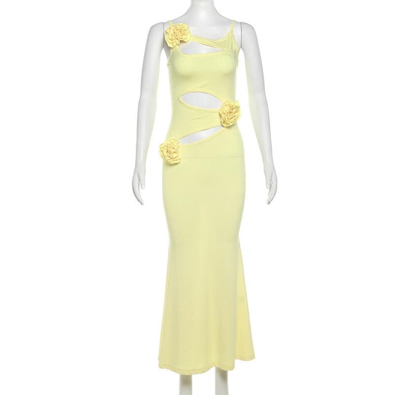 Hollow out rose applique solid cami cut out maxi dress