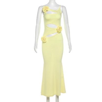 Hollow out rose applique solid cami cut out maxi dress