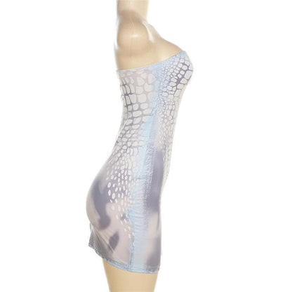 Strapless Tube High Side Slit Geometric Scale Print Bodycon Mini Dress