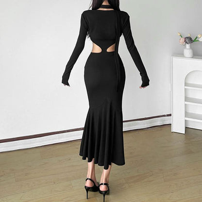 Long sleeve sweetheart neck shrug 2 piece hollow out cut out maxi dress