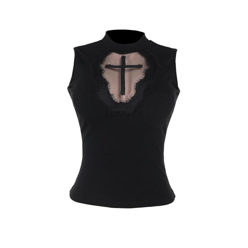 Sleeveless crewneck cross pattern solid top