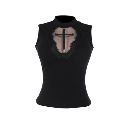 Sleeveless crewneck cross pattern solid top