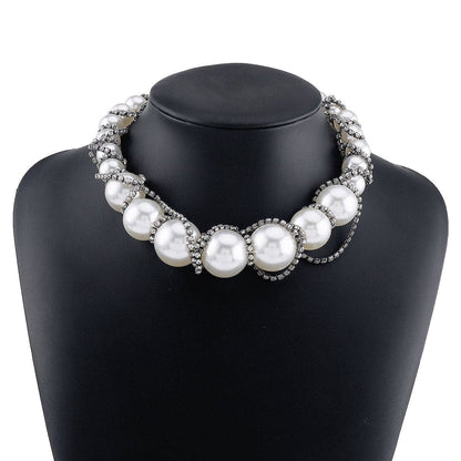 Faux pearl rhinestone beaded choker necklace