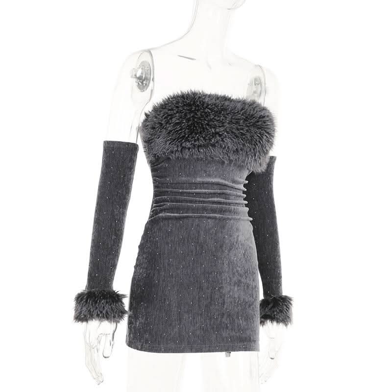 Fluffy gloves beaded tube mini dress