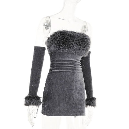 Fluffy gloves beaded tube mini dress