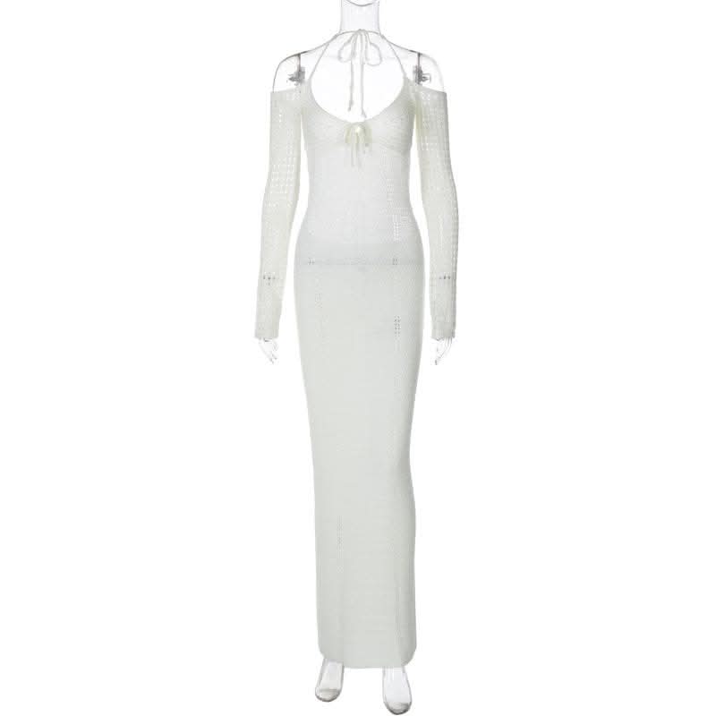 Long sleeve off shoulder halter knitted backless maxi dress-final-sale