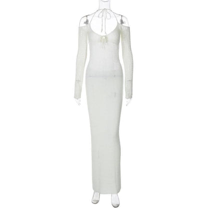 Long sleeve off shoulder halter knitted backless maxi dress-final-sale