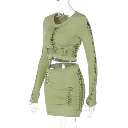 Long sleeve solid hollow out round neck ruched crop top skirt set-final-sale