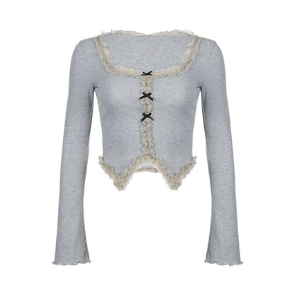 Ruffle solid ribbed contrast long sleeve cross front crop top