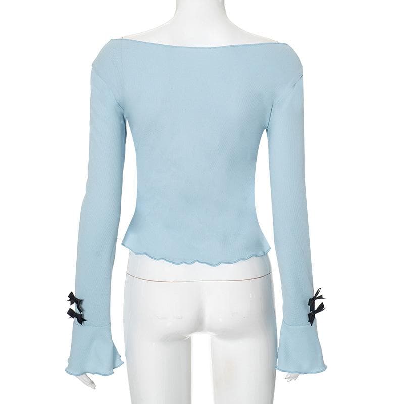 Long flared sleeve round neck bowknot textured top