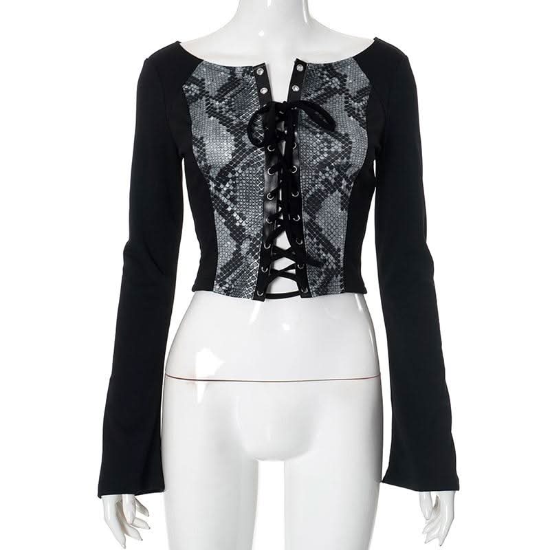 Long sleeve print lace up top