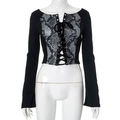 Long sleeve print lace up top